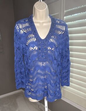Chico’s Cobalt Blue Crochet Open Knit V Neck Tunic Sweater Size 0 Beaded